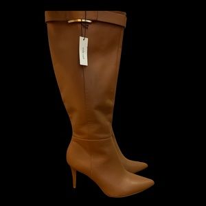 Calvin Klein Cognac Tan Leather knee high Pointed toe kitten heel boots Sz 10